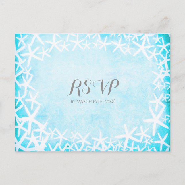 Painted Starfish Aqua Blue Party Custom RSVP Invitation Postcard (Front)