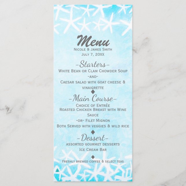 Painted Starfish Aqua Blue Tropical Beach Wedding Menu (Front)