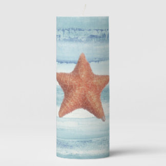 Painted Starfish on Blue Watercolor Stripes Pillar Candle