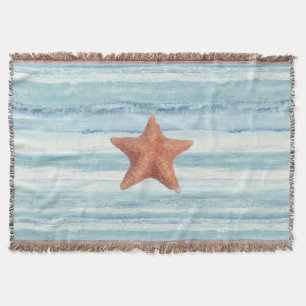 Painted Starfish on Blue Watercolor Stripes Throw Blanket