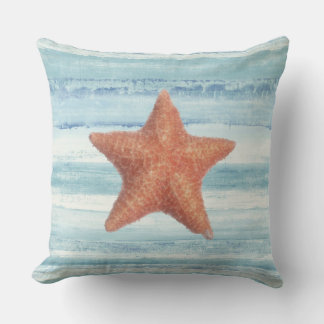 Painted Starfish on Blue Watercolor Stripes Throw Pillow