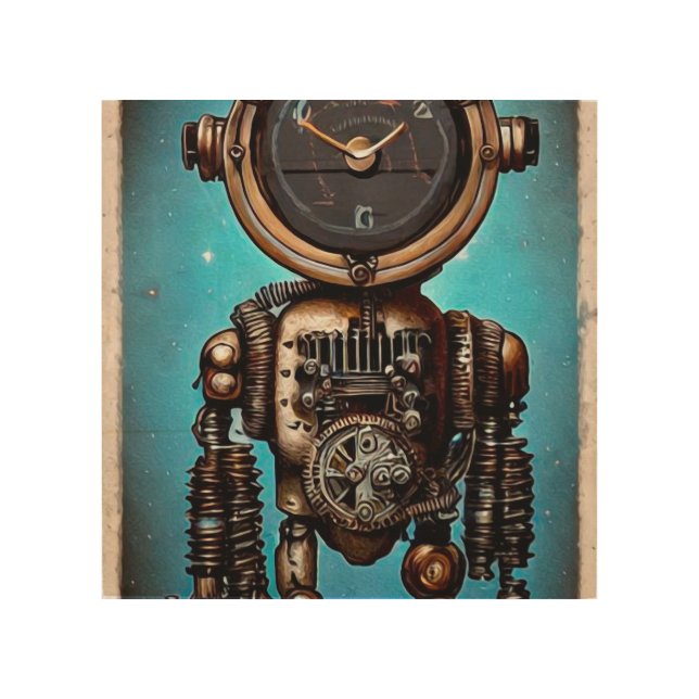 Painted Steampunk Robot Wood Wall Art (Front)