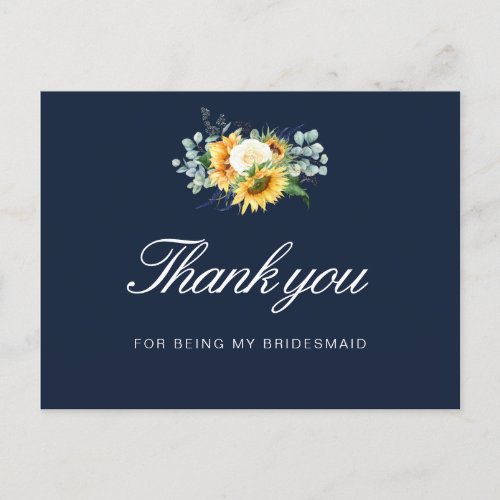 painted sunflowers blue Bridesmaid thank you card