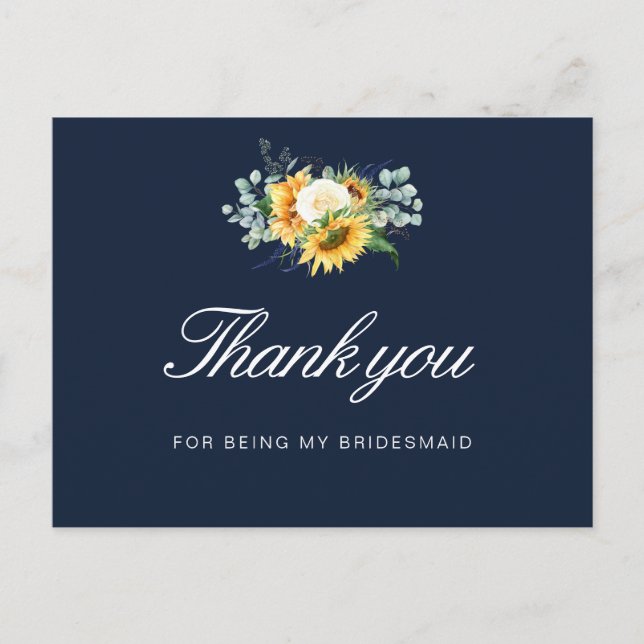 painted sunflowers blue Bridesmaid thank you card (Front)