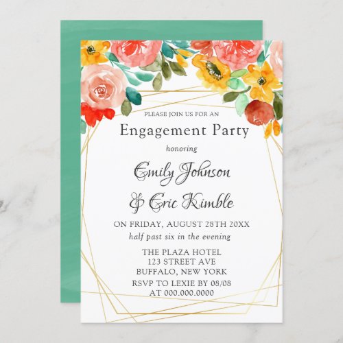 Painted Teal Yellow Orange Peony Engagement Party Invitation