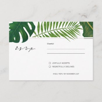 Painted Tropical Leaves Beach Wedding Rsvp Card by kittypieprints at Zazzle