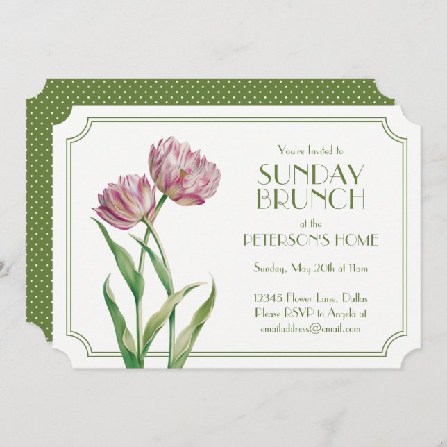 Painted Tulips and Polka Dots Sunday Brunch Invitation (Front/Back)