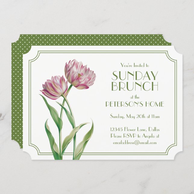 Painted Tulips and Polka Dots Sunday Brunch Invitation (Front/Back)