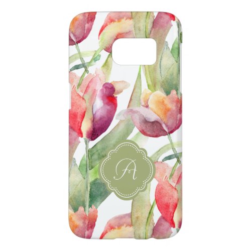 Painted Tulips Watercolor Floral with Monogram Samsung Galaxy S7 Case