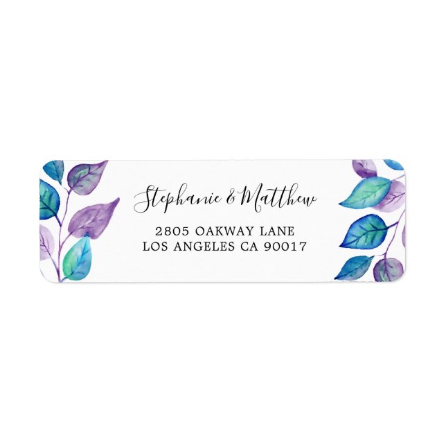 Painted Turquoise Purple Leaf Watercolor Foliage Label (Front)