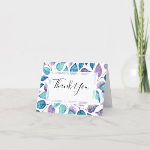 Painted Turquoise Purple Watercolor Leaf Wedding Thank You Card
