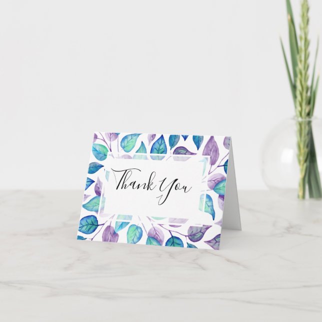 Painted Turquoise Purple Watercolor Leaf Wedding Thank You Card (Front)