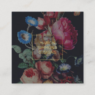 Painted Vintage Floral on Black Square Business Card