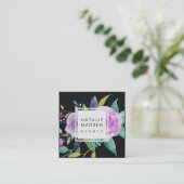 Painted Violet Floral | Black Square Business Card (Standing Front)
