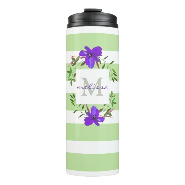 Painted Violet Flowers with Monogram and Stripes Thermal Tumbler (Front)