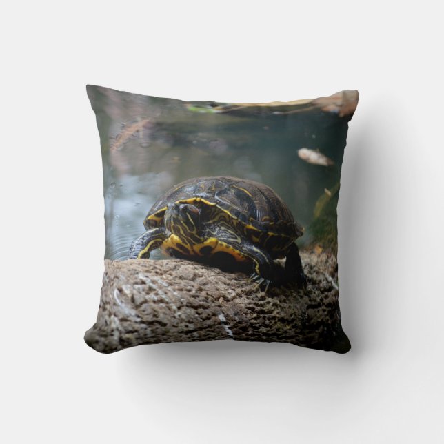 painted water turtle climbing log throw pillow (Front)