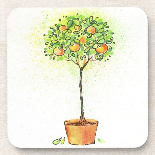 Painted watercolor citrus tree in pot coaster (Front)