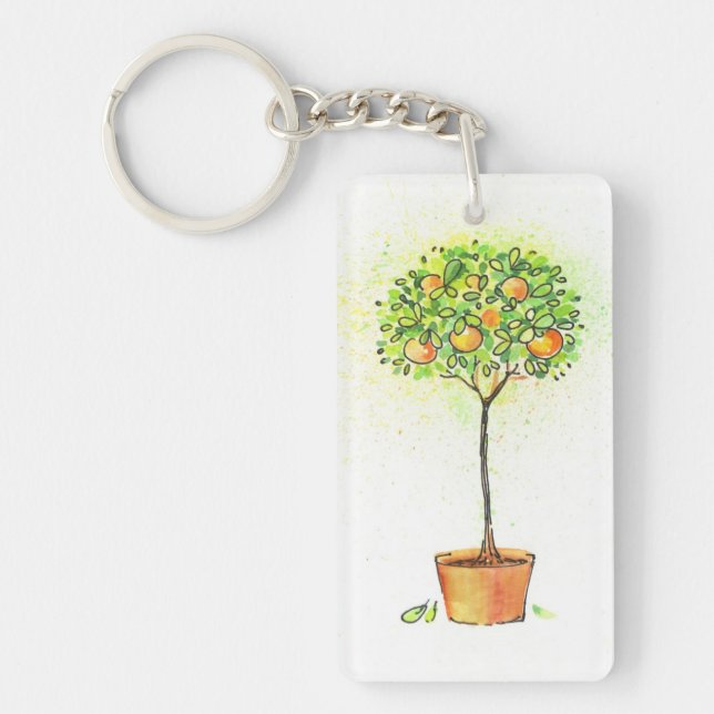 Painted watercolor citrus tree in pot keychain (Front)