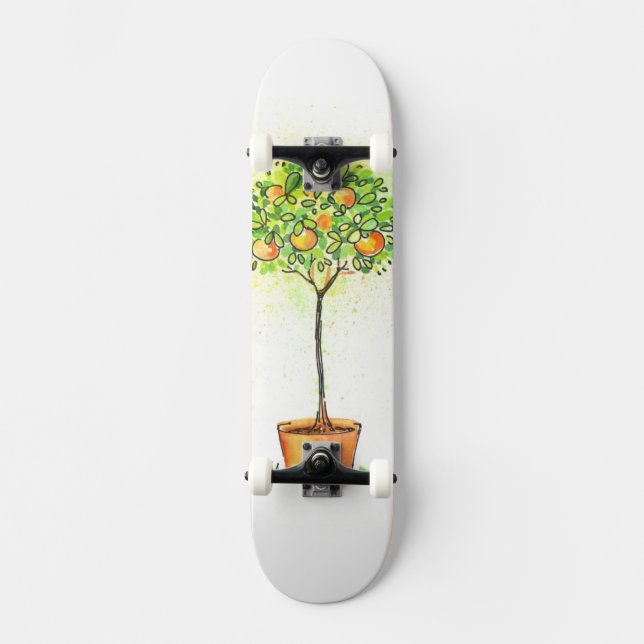 Painted watercolor citrus tree in pot skateboard deck (Front)