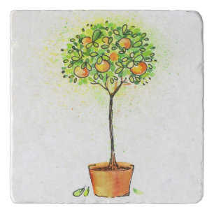 Painted watercolor citrus tree in pot trivet