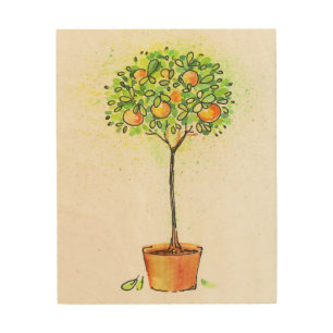 Painted watercolor citrus tree in pot wood wall art