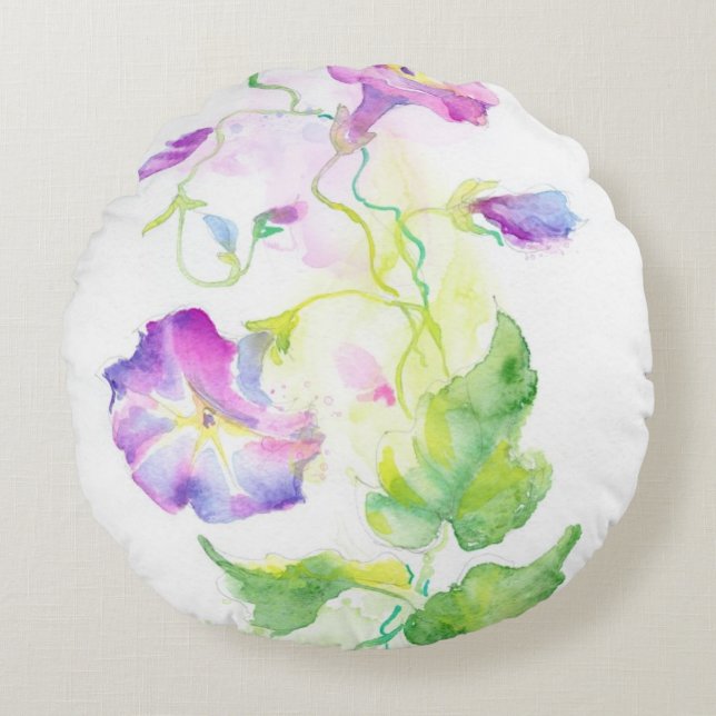 Painted watercolor convolvulus flowers round pillow (Front)