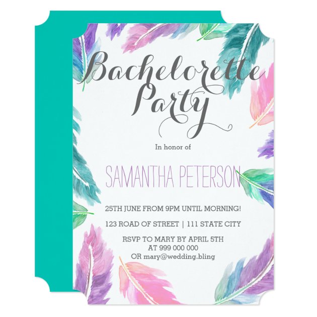 Painted Watercolor Feathers Bachelorette Party Invitation