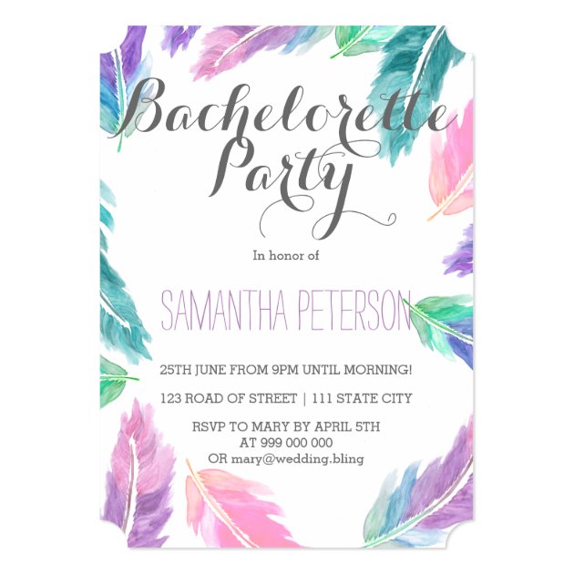 Painted Watercolor Feathers Bachelorette Party Invitation