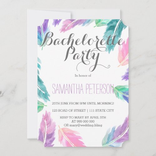 Painted watercolor feathers bachelorette party invitation