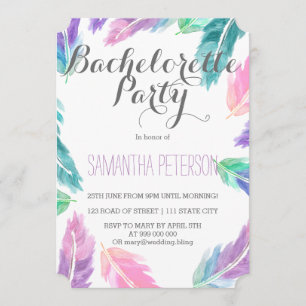 Painted watercolor feathers bachelorette party invitation