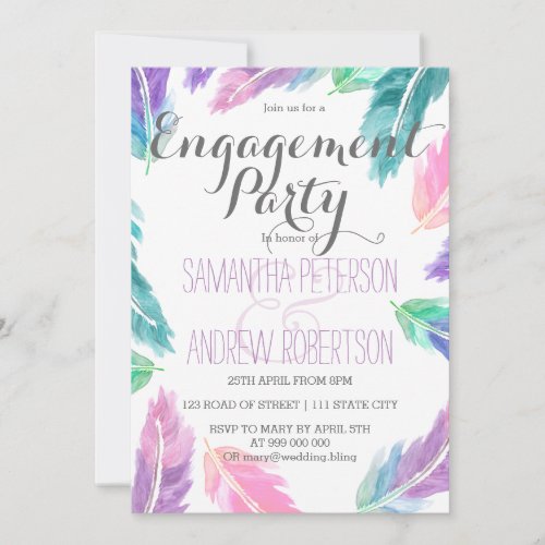 Painted watercolor feathers engagement party invitation