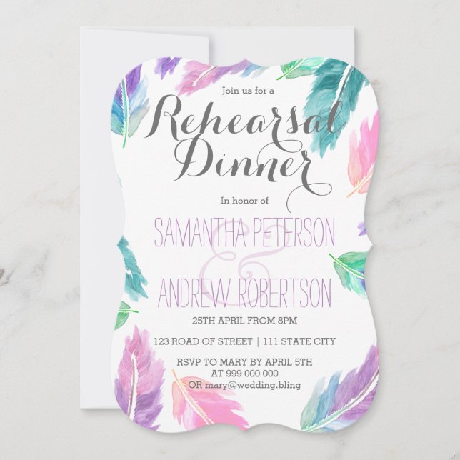 Painted watercolor feathers rehearsal dinner invitation (Front)