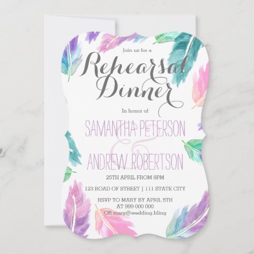 Painted watercolor feathers rehearsal dinner invitation
