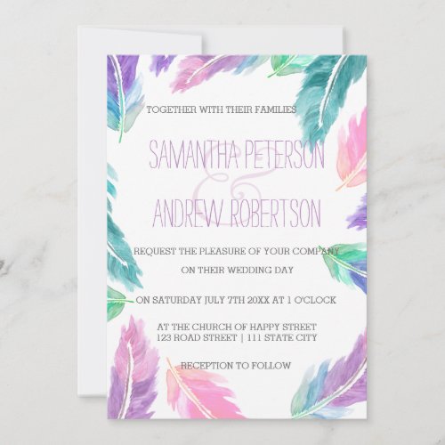 Painted watercolor feathers Wedding Invitation