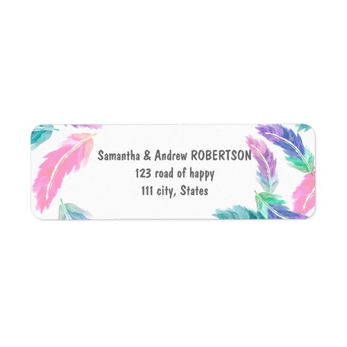 Painted watercolor feathers wedding label