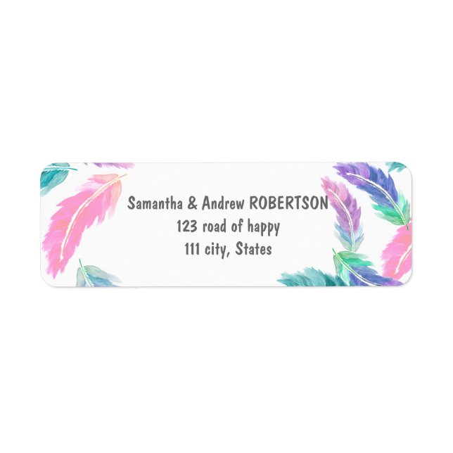 Painted watercolor feathers wedding label (Front)