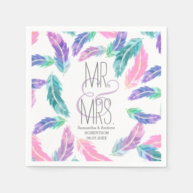 Painted watercolor feathers wedding paper napkins (Front)