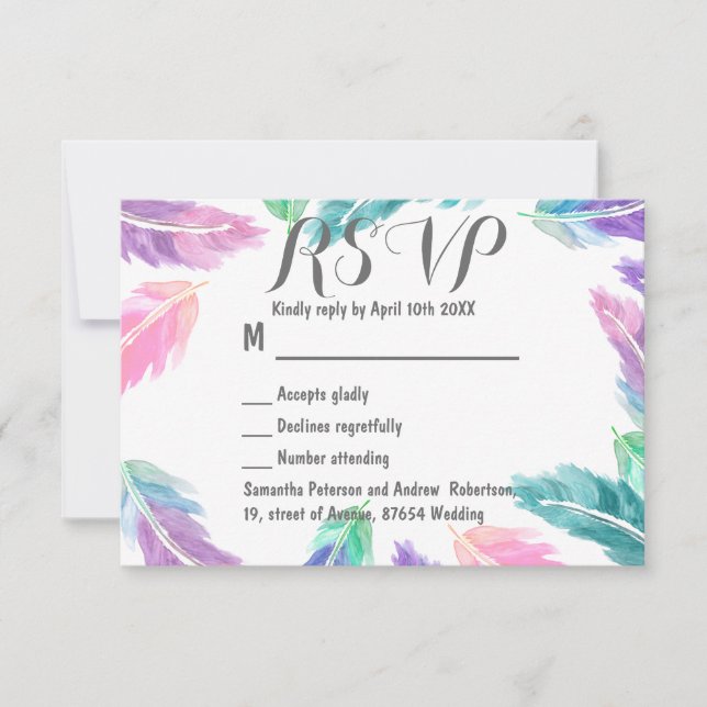 Painted watercolor feathers wedding RSVP (Front)