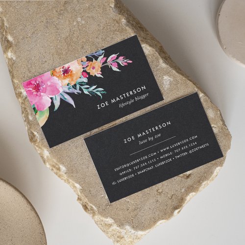 Painted Watercolor Floral  Black Business Card