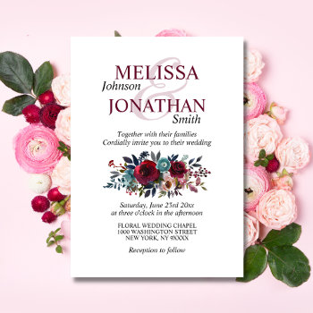 Painted Watercolor Floral Burgundy Merlot Wedding Invitation by UniqueWeddingShop at Zazzle