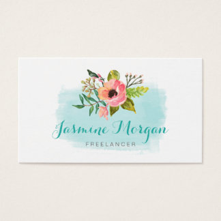 Painted Watercolor Floral Chic Teal Aqua Blue Business Card
