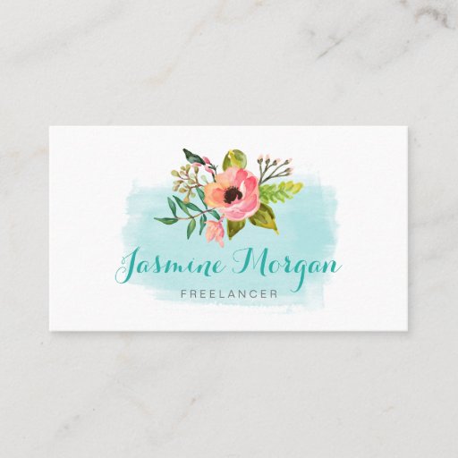 Customizable Painted Watercolor Floral Chic Teal Aqua Blue Double-Sided Standard Business Cards (Pack Of 100)