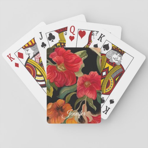 Painted Watercolor Floral Pattern Custom Name Play Poker Cards