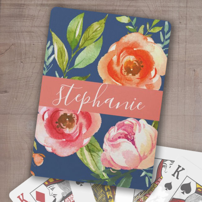 Painted Watercolor Floral Pattern Custom Name Playing Cards