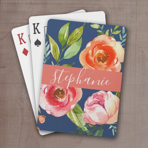 Painted Watercolor Floral Pattern Custom Name Playing Cards