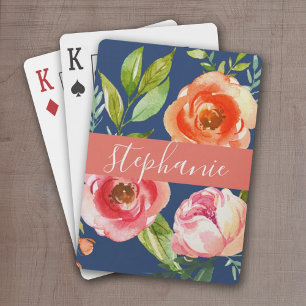 Painted Watercolor Floral Pattern Custom Name Poker Cards