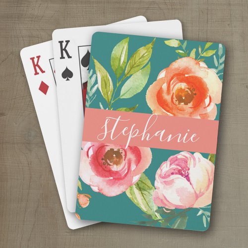 Painted Watercolor Floral Pattern Custom Name Poker Cards