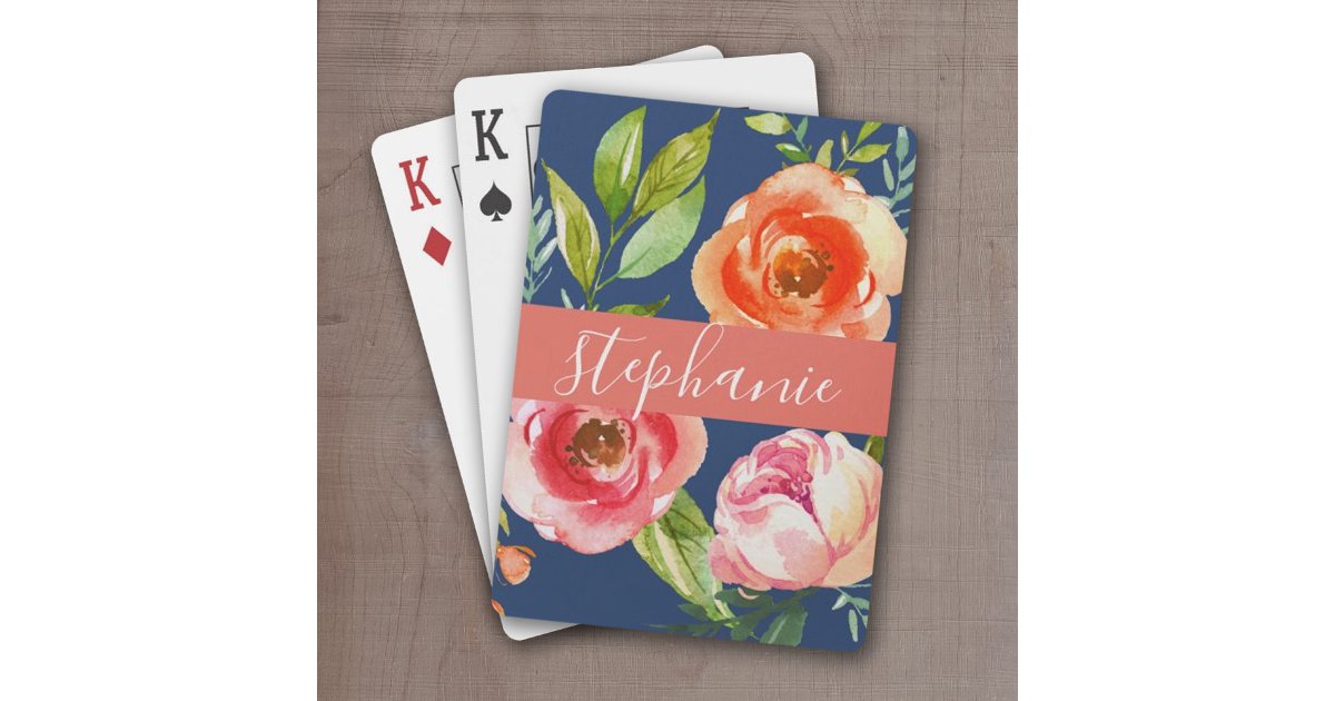 Painted Watercolor Floral Pattern Custom Name Poker Cards | Zazzle