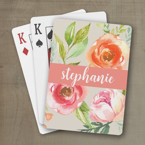 Painted Watercolor Floral Pattern Custom Name Poker Cards