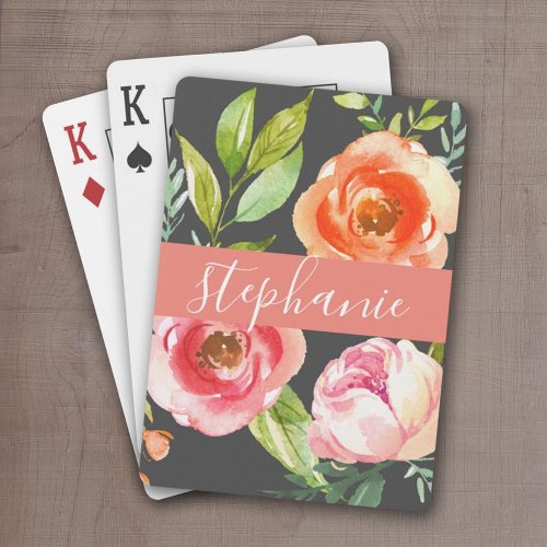 Painted Watercolor Floral Pattern Custom Name Poker Cards